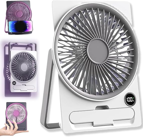 Ultra Slim Card USB Rechargeable Mini Fan, 2025 New Ultra-Quiet Portable Fan, 180 Tilt Folding Powerful Breeze Slim Card Fans, 6 Speeds Adjustable Speed Table Fans with Cell Phone Holder (White)