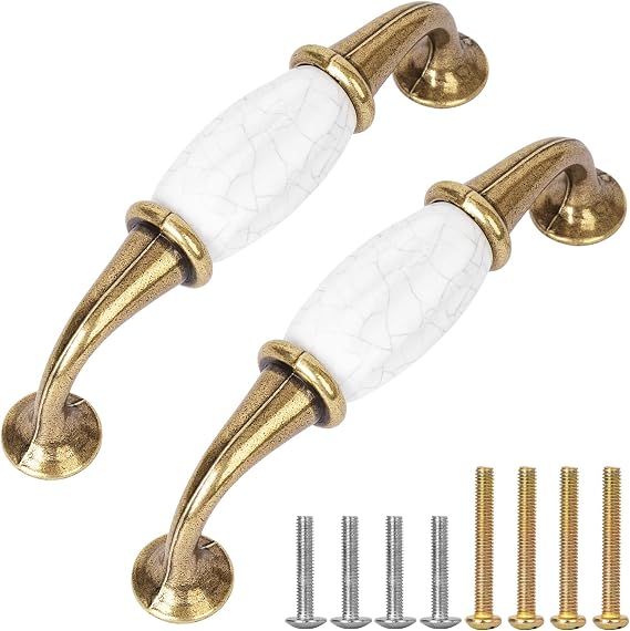 Retro Ceramics Cabinet Handles, French Style 2 Pcs White Ceramic Zinc Alloy Pulls with Screws for Cupboards Wardrobe Drawer Dresser, 3.77" Inch Center to Center Spacing