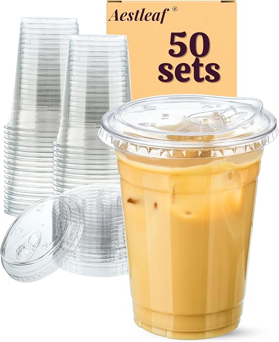 16 oz Clear Plastic Cups with Lids, 50 Sets Disposable Plastic Iced Coffee Cups with Strawless Sip-Lids, To Go Coffee Cup for Smoothie, Milkshake, Cold Drinks