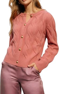 Omoone Short Cardigan Sweaters for Women Loose Crewneck Cable Knit Tops Casual Chunky Button Up Fall Outfits4244-Rust-L