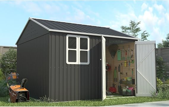 BIRCHTREE Garden Shed Steel Apex Roof House Outdoor Backyard Storage With Lockable Double Doors Window Free Foundation Tool Equipment Organizer Air Vents 10x8FT Anthracite