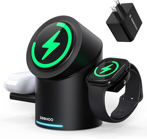 ZEEHOO 3 in 1 Charging Station for Apple Devices, Mag-Safe Charger Stand, 15W Auto-Rotating Wireless Charger for iPhone 17 16/15/14/13/12 Series& AirPods& iWatch(Black)