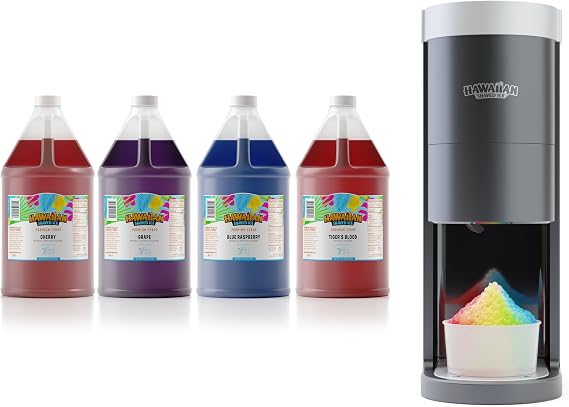 Hawaiian Shaved Ice S777 Snow Cone and Shaved Ice Machine Featuring Blade Adjustment Knob Bundled with Hawaiian Shaved Ice Syrup Gallon 4-Pack