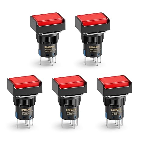 BAOMAIN 5-Pack 16mm Momentary Red 12V LED Rectangular Cap Switch