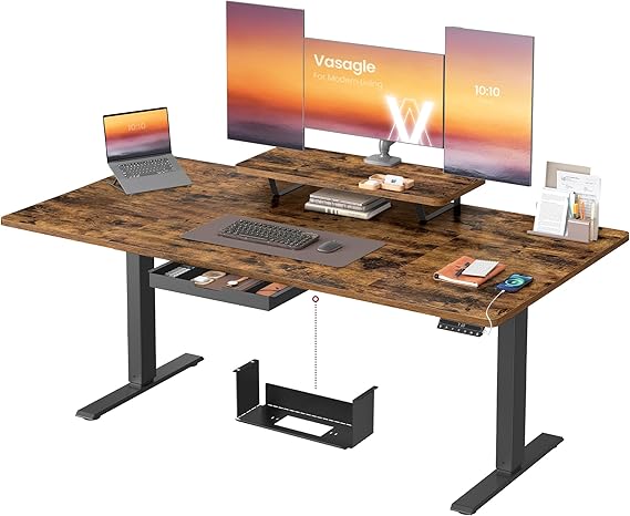 VASAGLE Electric Standing Desk, Height Adjustable Desk, 160 x 80 cm, Flexible Monitor Stand and Drawer, USB-C Port, Sedentary Reminder, for Home Office, Rustic Brown LSD156KD02
