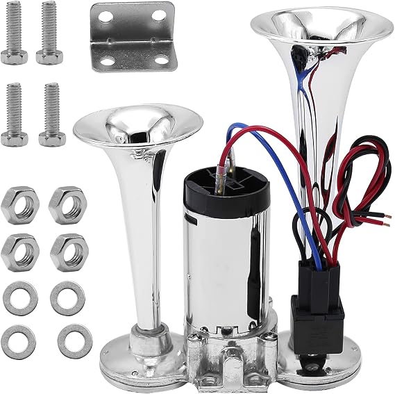 600DB Train Horn for Truck, Train Horns for Pickup Trucks, 12V Dual Trumpets Air Horn Kit, Boat Car Train Ship Van Speaker (Silver)