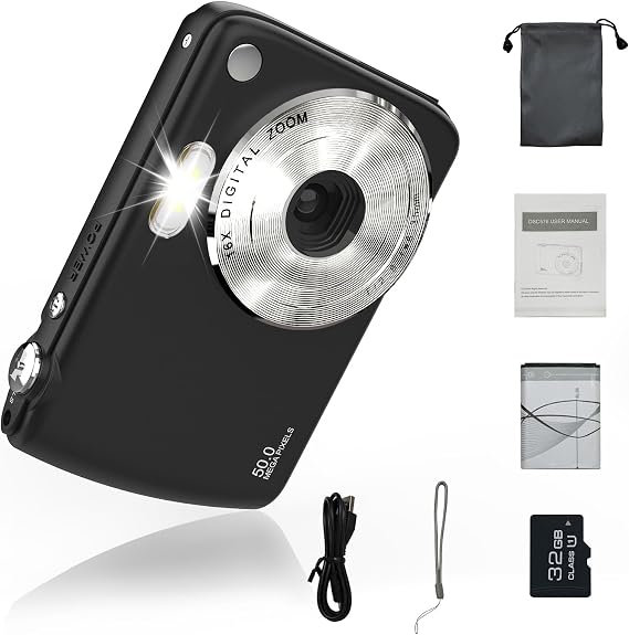 Digital Camera, FHD 1080P Camera, Digital Point and Shoot Camera with 16X Zoom Anti Shake, Compact Small Camera for Boys Girls Kids, Black (Black)