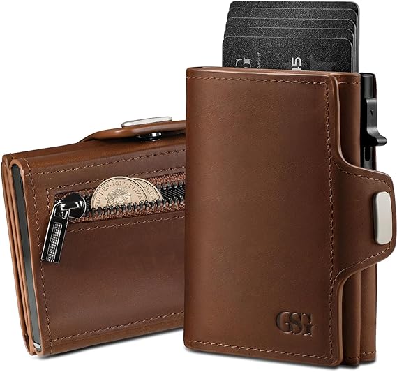 GSG SINCE 1998 Men's Leather Wallet Pop Up Card Holder Brown | RFID Blocking, Slim Wallet with Coin Pocket, ID Window & Cash Slot, Holds 10 Cards, Gift Box