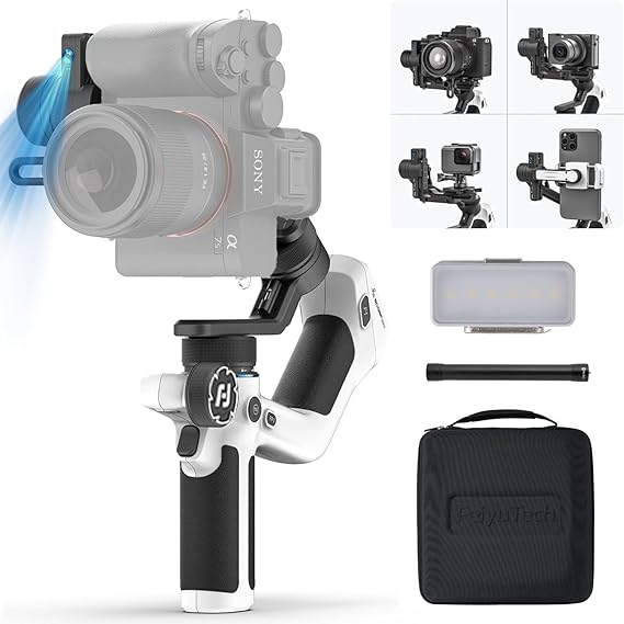 FeiyuTech Official SCORP Mini 2 Kit Gimbal,3-Axis Camera Stabilizer with AI Tracker Fill Light,1,3IN Touch Sreen, for Mirrorless Camera,Smartphone,Action Camera,with Carrying Case,Extension Rod,White | Includes carrying case, extension rod and AI fill light, compatible with mirrorless cameras, action cameras and smartphones