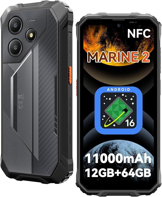 Marine 2 Rugged Smartphone, 11000mAh,NFC, 6.56HD,12GB+64GB Android 16 Phone