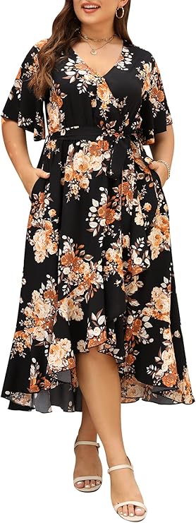 Keluummi Women's Plus Size Maxi Dress | V-Neck, 3/4 Sleeve, Empire Waist, A-Line, Faux Wrap Design, Pockets, Floral Print, For Wedding Guest Formal Cocktail Party