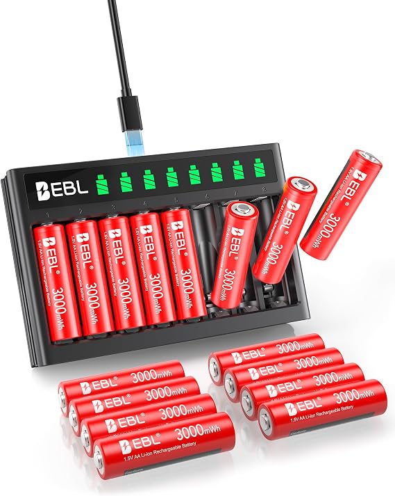 EBL Rechargeable AA Lithium Batteries with Charger, 16Pack 1.5V 3000mWh