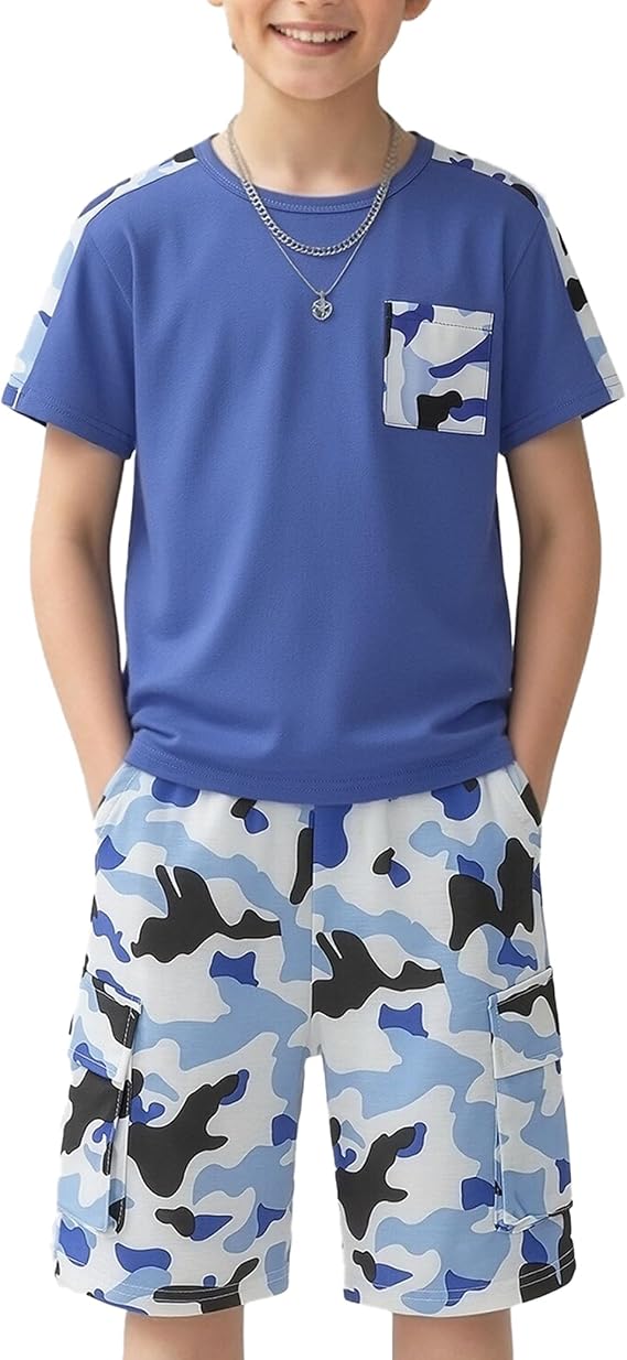 mksodopy Boys Summer Outfit Set 2 Piece T Shirt and Camo Shorts Casual Clothes for Little Big Boys