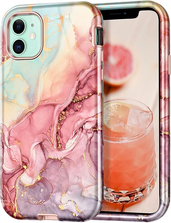 CASEFIV Compatible with iPhone 11 Case,Marble Pattern 3 in 1 Heavy Duty Shockproof Full Body Rugged Hard PC+Soft Silicone Drop Protective Women Girls Cover for iPhone 11 6.1 inch, Rose Gold