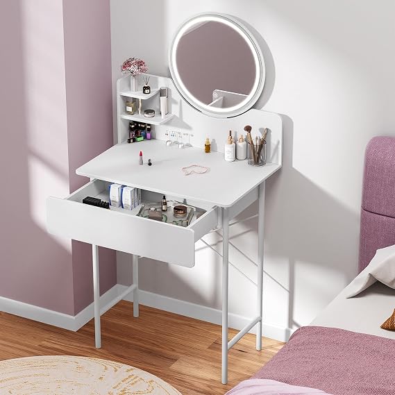 Vanity Desk with Mirror and LED Lights, 1 Drawer & 2 Opening Shelves, Adjustable 3 Modes Brightness, Makeup Table Vanity, Dressing Table for Bedroom Dressing White