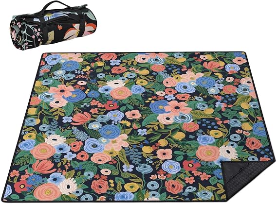 Picnic Blankets Waterproof Foldable Extra Large,80"x 80" Outdoor Beach Blanket Sandproof,3-Layer Lightweight Handy Mat Tote Picnic Camping Rugs for Outside Your Rv (Garden Party Floral Navy)