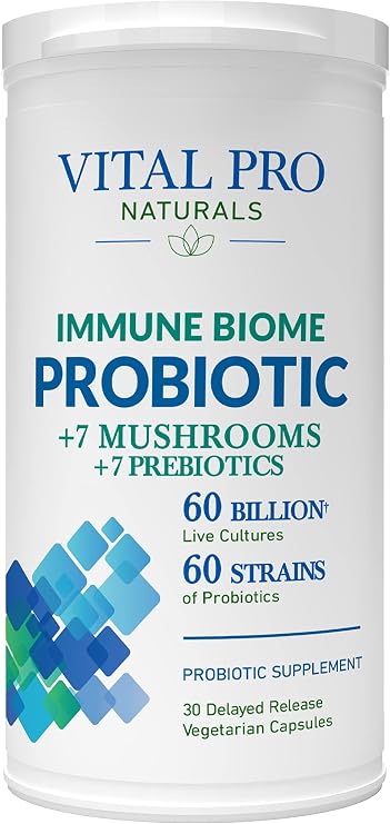 Vital Pro Naturals - Immune Biome Shelf Stable Probiotic with 60 Billion Cultures and 60 Strains, Digestive Support Probiotics for Women and Men with Prebiotics and Organic Mushrooms, 30 Capsules