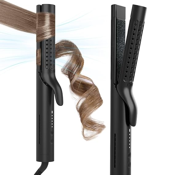 TYMO Airflow Curling Iron for Lasting Curls - Flat Iron Hair Straightener and Curler 2 in 1, Anti-Scald Ionic Curling Wand 1.25 Inch, 360 Cool Air, 5 Temps & Dual Voltage for Long Short Hair, Black