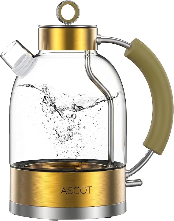 ASCOT Electric Kettle, Glass Electric Tea Kettle Man/Women/Family, 1.6L Borosilicate Glass Tea Heater & Hot Water Boiler, BPA-Free, Auto Shut-Off and Boil-Dry Protection (Gold)