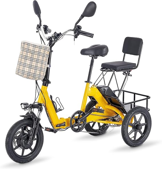 Electric Tricycle for Adults, 350W(Peak 500W) Brushless Motor Folding Electric Trike, 3 Wheel Electric Bike with 480Wh Removable Battery, E Trike with Double Seat and Large Basket