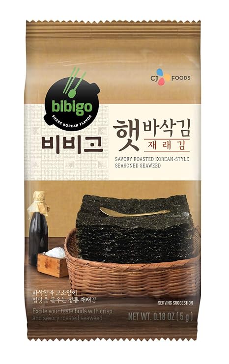 bibigo Roasted Seaweed Snack, Korean-Style Savory Seasoned with Salt and Sesame Oil, 5g (8-Pack)