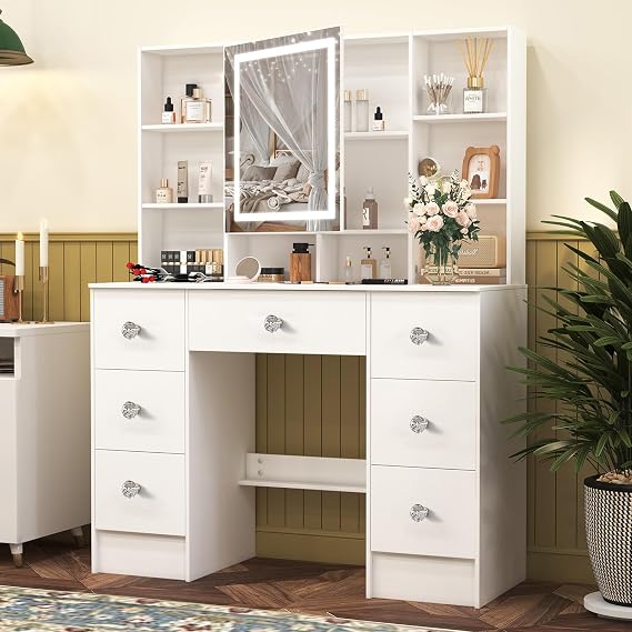 Large Vanity Table, Makeup Vanity with Mirror and Lights, 7 Drawers 8 Open Shelves, Hollywod Vanity Table for Girls and Women,100 * 40 * 140cm, Modern White