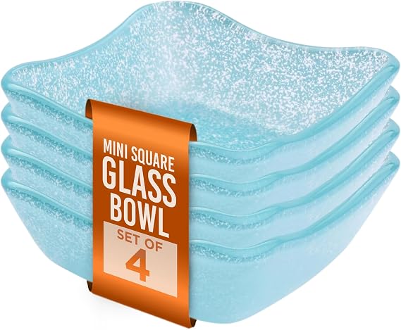 IMPULSE! Splendido 4 Oz. Square Glass Bowl (Aqua) Set of 4- Perfect for Side Dishes, Serving, Desserts, Appetizers, Elegant Functional Bowls - Serving Snacks, Dips, Olives, Nuts, or Candies