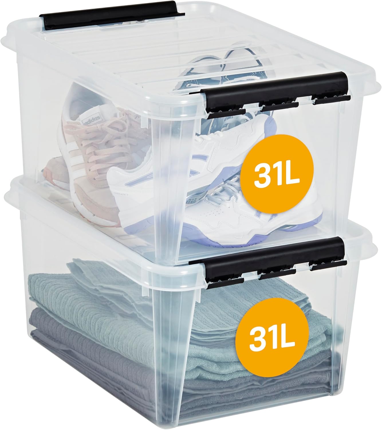 SmartStore 31L Clear Plastic Large Storage Boxes With Lid, 2 Pack, Reinforced, Food Safe, Clip Locked, Stackable and Nestable, BPA Free L50 x W39 x H26 cm