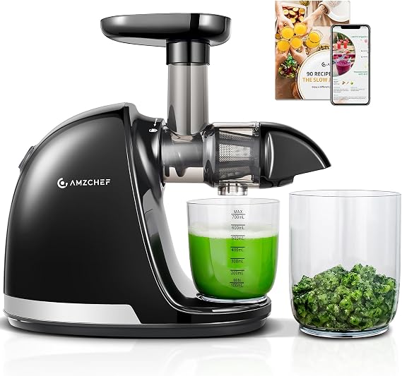 AMZCHEF Juicer Machines - Cold Press Juicer - Slow Masticating for Whole Fruits and Vegetables - No BPA Juice Extractor with 2 Cups and Brush - Delicate Chew No Need to Filter - Classic Black