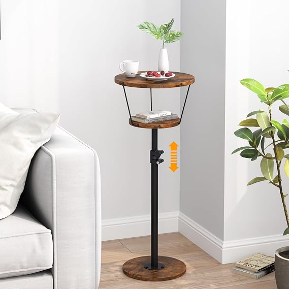 Small Side Table, 2 Tier Drink Table, Height Adjustable Round End Table, Pedestal Side Table for Small Spaces in Living Room, Bedroom, Brown
