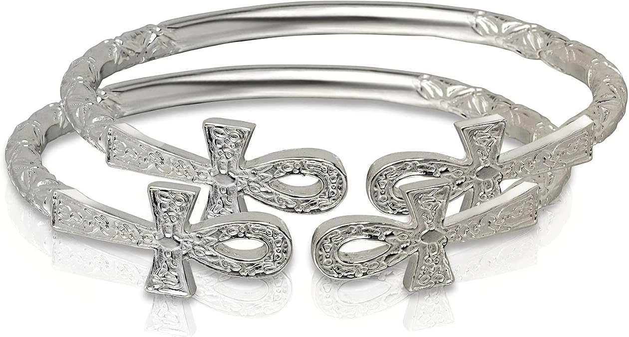 Better Jewelry Solid .925 West Indian Bangle with Large Ankh Cross Ends - PAIR