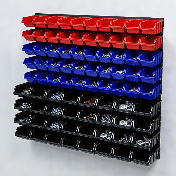 30 Pcs Wall Mounted Garage Storage Bins, Wall storage Parts Bins Rack, Nut and Bolt Garage Tool Organizer Bins for Nuts, Bolts, Screws, Shop, Accessories (Red+Blue+Black, LARGE(94PCS))