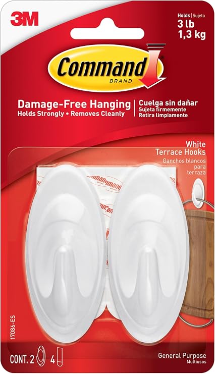 Command Medium White Designer Hooks, 2 Hooks, 4 Strips | Damage-Free Hanging Wall Hooks with Adhesive Strips, No Tools Wall Hooks for Hanging Decorations, Holds up to 3 lb