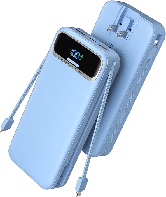 Nusyddy Portable Charger 20000mAh Fast Charging w/Built-in Wall Plug Blue