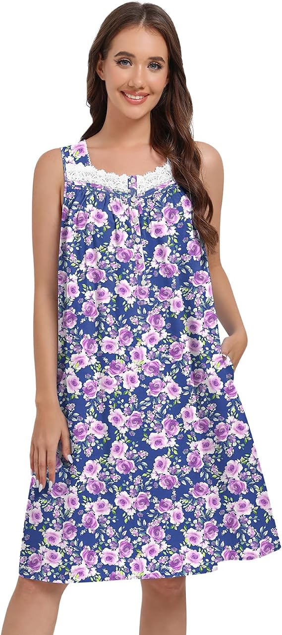 Cotton Nightgowns for Women Short Night Gown with Pockets Sleepwear Soft Sleeveless House Dress Victorian Nightdress Blue Purple Flower 2XL