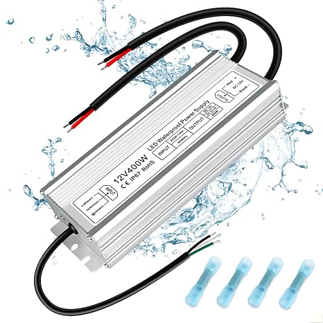 inShareplus 12V 400W Power Supply, IP67 Waterproof LED Driver, AC to DC 12V Low Voltage Transformer with Plug for LED Strip Lights, Landscape Lighting, Outdoor Lights