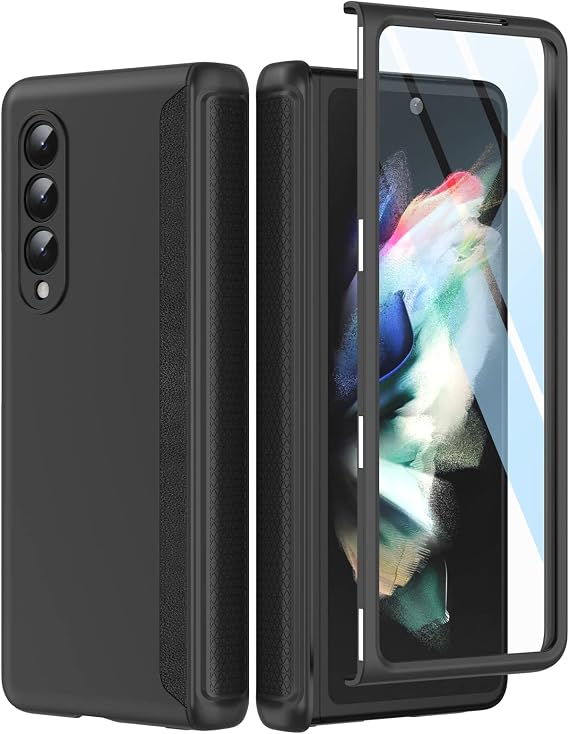 MAKAVO Slim Thin Z Fold 3 Case with Hinge Coverage, Screen Protector, Matte Hard Shockproof Full Body Protection Phone Cover for Samsung Galaxy Z Fold 3 5G (Black)