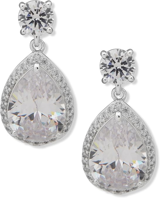 ANNE KLEIN Silver and Crystal Post Back Earring Featuring Pear Shaped Drop with Crystal Accents