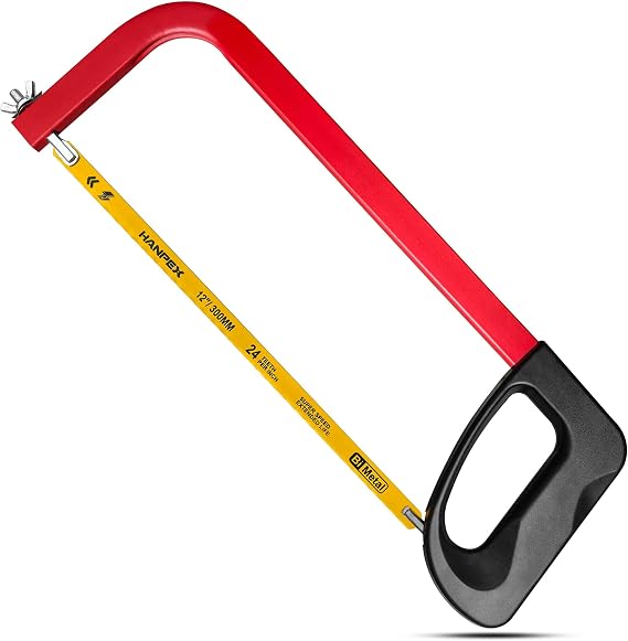 Hanpex 12in. High-Tension Hacksaw Frame with 24 TPI Bi-metal Blade, Hand Saw Suitable for Metal, wood, PVC, Carpentry(Black Handle)