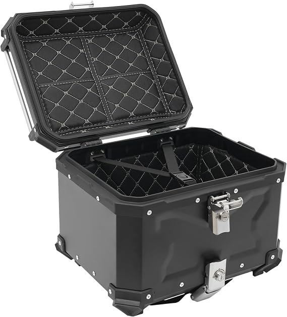 Motorcycle Top Case, Waterproof Motorbike Tail Box Storage Case Aluminum Alloy Motorbike Tail Box with Leather Lining Motorcycle Trunk with Safety Lock & Reflective Stickers (45L)