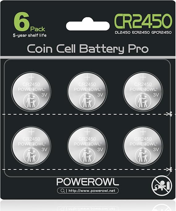 POWEROWL High Capacity CR2450 Battery, 10 Years Leak-Free, Long Lasting Power, CR 2450 3v Lithium Coin & Button Cell Batteries -Qty 6