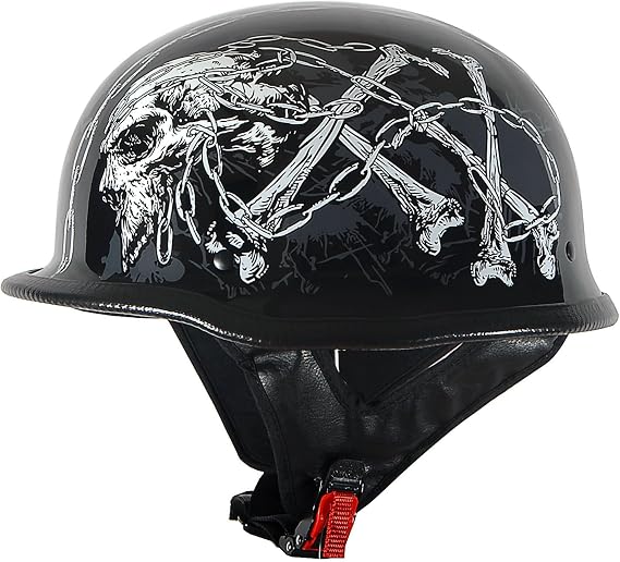1Storm Novelty Motorcycle Half Face Helmet Open German Style DOT Approved: HKY602 Chain Skull