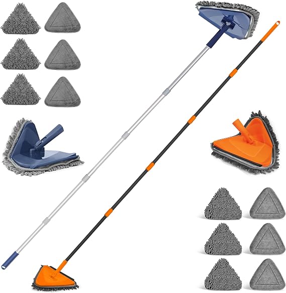 JEHONN Wall Cleaner Mop with Long Handle, 3-in-1 Ceiling Cleaning Tool Duster with 12 Replacement Microfiber Chenille Pads for Painted Walls, Floor, Window, Baseboard(Blue&Orange)