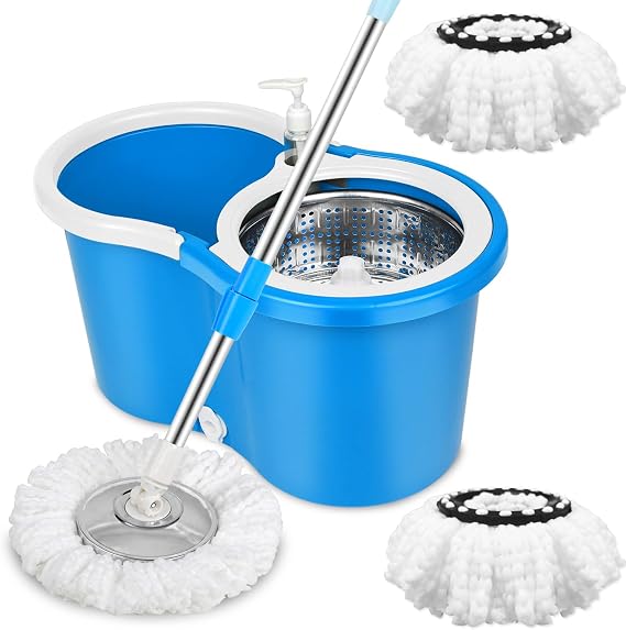 Spin Mop and Bucket System with Stainless Steel Wringer, 3 Mop Heads