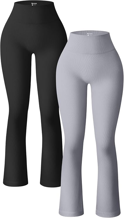 OQQ Women's 2 Piece Yoga Pants Ribbed Seamless Workout High Waist Cross Over Bell Bottoms Exercise Flare Leggings
