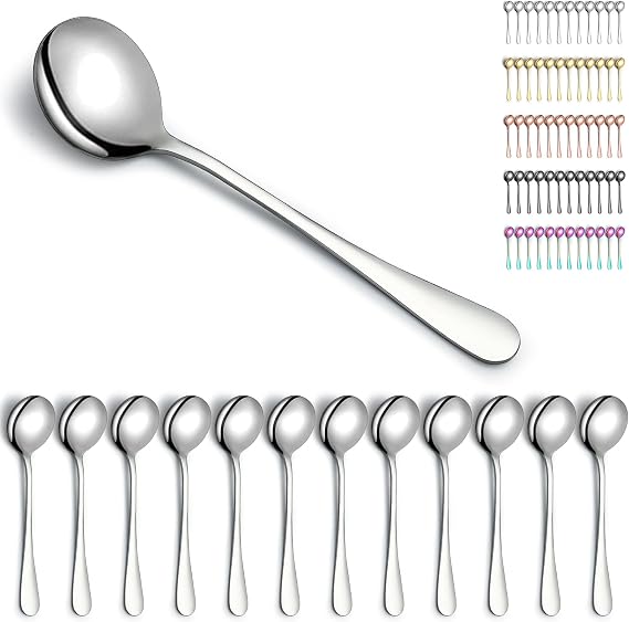 Kyraton Soup Spoons 12 Pieces, Stainless Steel Round Stainless Steel Bouillon, Dishwasher Safe