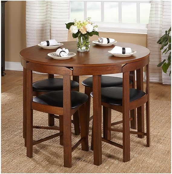 Hideaway Dining Table Home Low Back Harrisburg Tobey Compact Round Dining Set Space-Saving Design Foam Seat Cushions Round Dining Table And Four Chairs 5-APieces MDF Rubberwood Brown/Grey