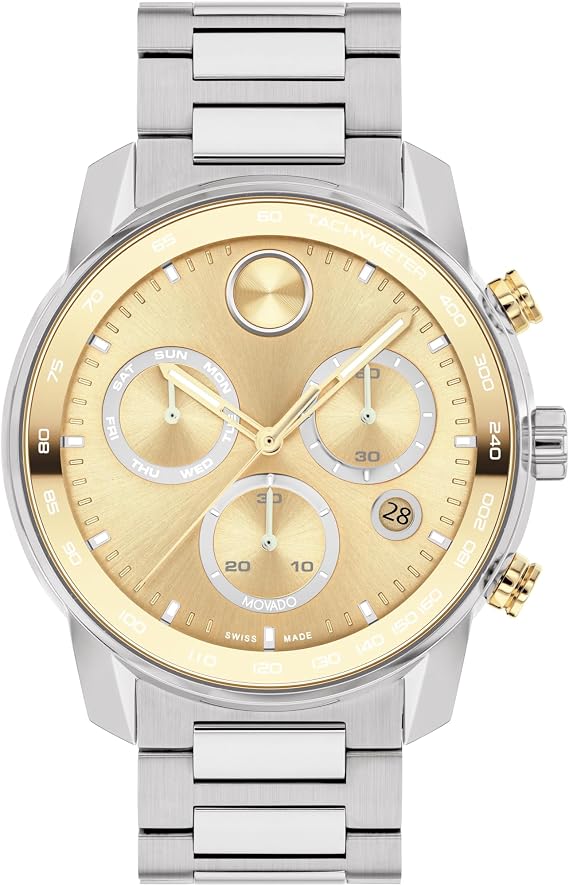 Movado Bold Verso Men's Sport Watch - Swiss Quartz Chronograph Movement, Stainless Steel Link Bracelet - 5 ATM Water Resistance - Luxury Fashion Timepiece for Him - 44mm