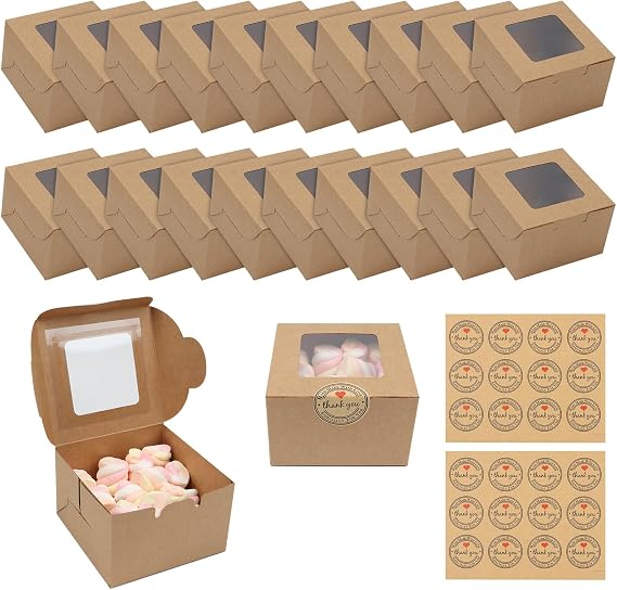 20 Pcs Small Square Cake Boxes Cupcake Boxes with Windows ＆ 24 Stickers