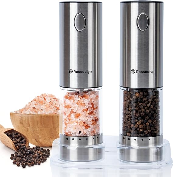 Electric Salt and Pepper Grinder Set Rechargeable with 6 Adjustable Coarseness, Upgraded Larger Capacity, Stainless Steel Automatic Pepper and Salt Grinder Mill White LED lights 2 Pack-S1